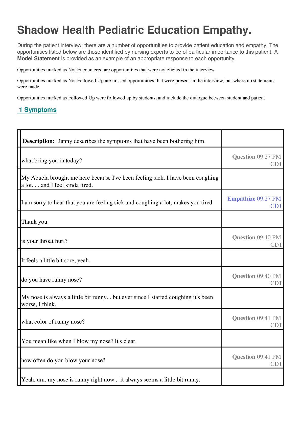 Preview image for Case NR 509 SHADOW HEALTH  Pediatric Education and Empathy